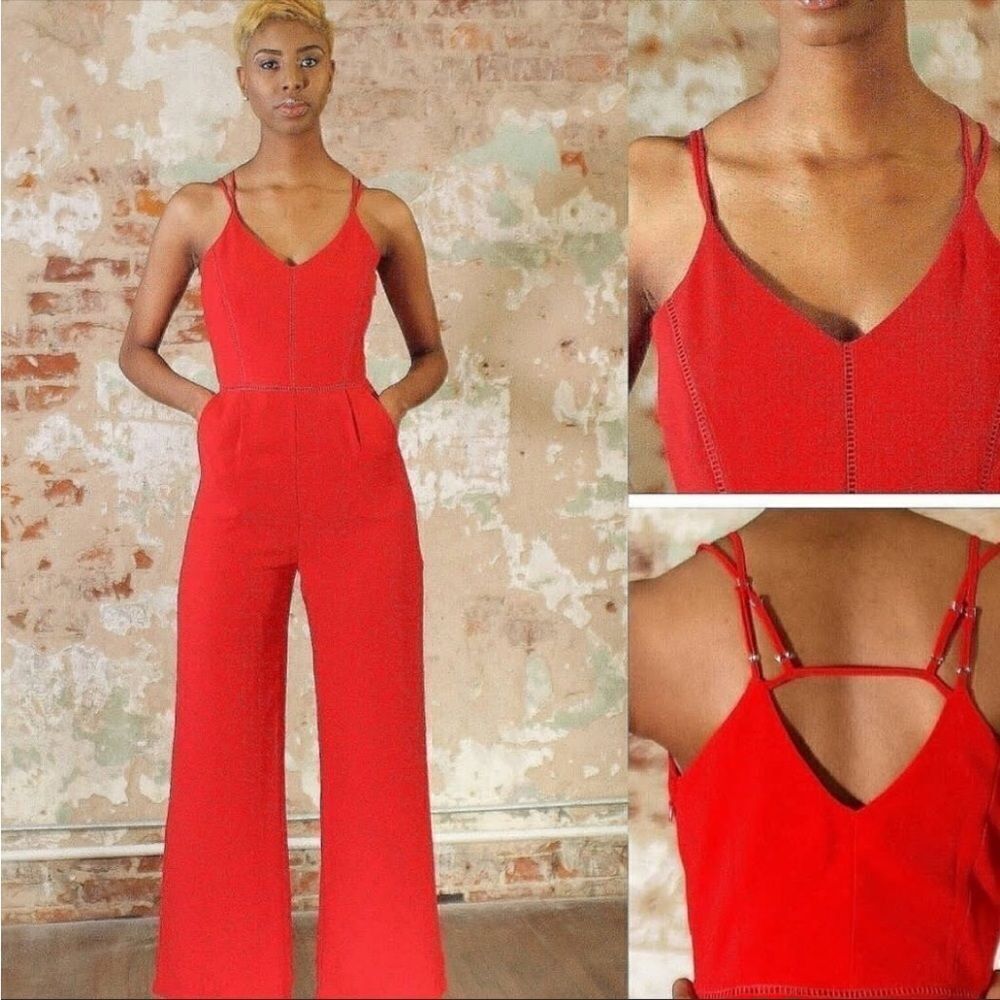 Adelyn Rae S Red Strappy Jumpsuit Straight Wide Leg